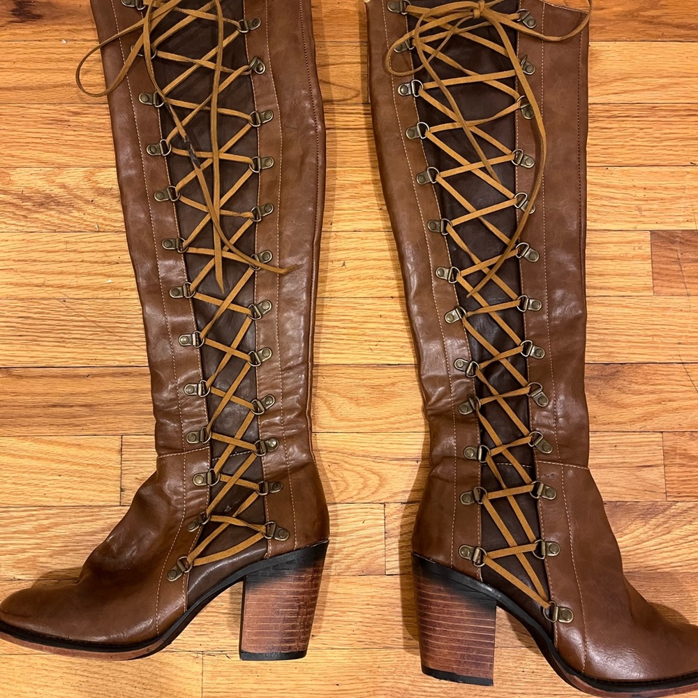 Brown Lace-Up Knee-High Boots